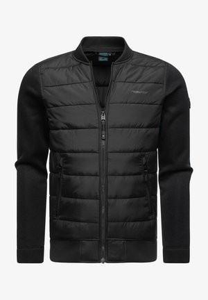 Giacca nera con frontale imbottito e maniche in maglia. Ha una chiusura con zip, due tasche laterali, e colletto e orlo a coste.