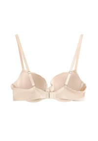 Beige pehmeä rintaliivi, jossa on kuperat reunat, säädettävät olkaimeet ja takana hakas sulku. Valmistettu sileästä kankaasta.