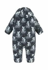 Padded snowsuit w kolorze granatowym z białym wzorem Moomin, z kapturem i elastycznymi mankietami. Gładki materiał z pikowaną strukturą dla ciepła.