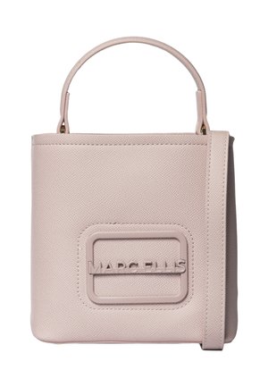 Petit sac à main carré rose clair avec poignée supérieure et bandoulière, surface texturée et logo "MARC ELLIS" sur le devant.