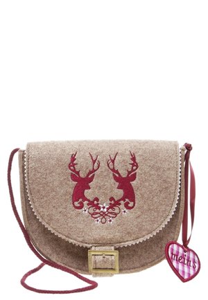 Small beige felt crossbody bag with red embroidered deer heads, scalloped edges, gold buckle, and heart-shaped pink checkered tag.