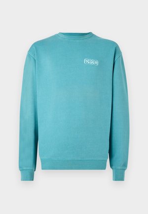 Turquoise cotton sweatshirt, crew neck, long sleeves, ribbed cuffs and hem, features small white graphic logo on left chest.