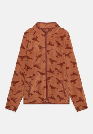 Fleece zip-up takki ruosteenvärisenä dinosauruksia esittävällä kuviolla, jossa on korkea kaulus ja sivutaskut. Pehmeä rakenne, jossa on kontrastivärejä.