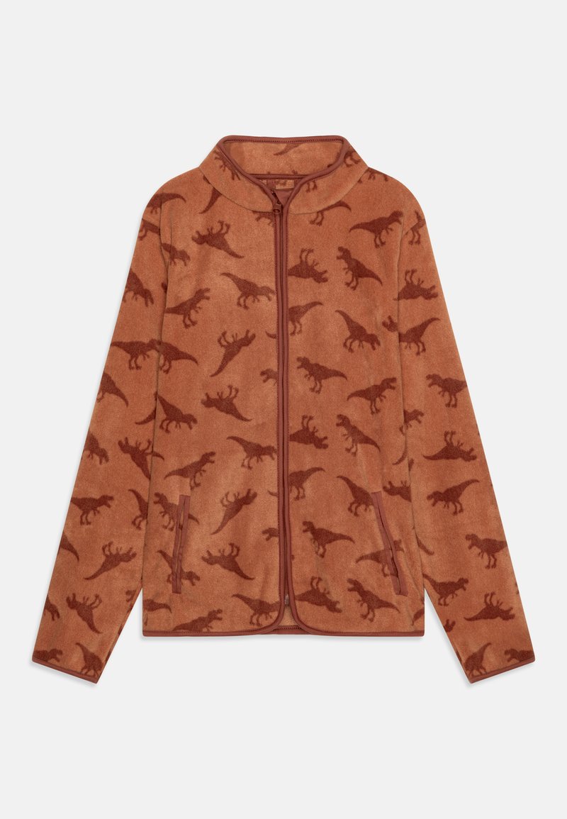 Giacca in pile con zip di colore ruggine, decorata con un motivo di dinosauri, dotata di un alto colletto e tasche laterali. Texture morbida con dettagli a contrasto.