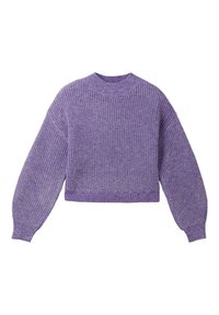 Pull court violet en maille avec un col rond, des manches larges, et un tissu texturé, présentant un ourlet et des poignets côtelés.