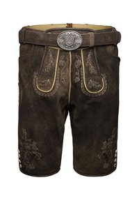 Pantalones cortos de cuero marrón oscuro con intrincados bordados dorados y una hebilla decorativa de plata. Presentan botones laterales y patrones detallados.