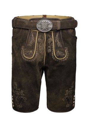 Pantaloni corti in pelle marrone scuro con intricati ricami dorati e una fibbia decorativa in argento. Presentano bottoni laterali e motivi dettagliati.