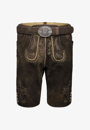 Ciemnobrązowe skórzane szorty z misternym złotym haftem i dekoracyjnym srebrnym klamrą. Posiadają boczne guziki i szczegółowe wzory.
