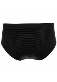 Braguita negra con canalé, una cinturilla suave y bordes sin costuras. Presenta una superficie texturizada con rayas horizontales para un detalle adicional.