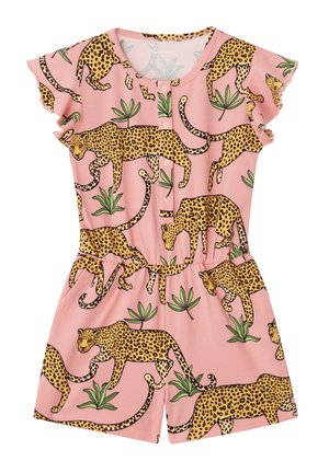 Roze korte rompert met een luipaardprint en groene plantenaccenten, gemaakt van een zachte, rekbare stof met een geraffineerde taille en knoopsluiting.