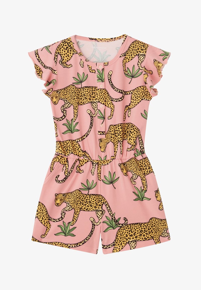 Rosa kort jumpsuit med leopardmönster och gröna växtakcent, tillverkad av ett mjukt, elastiskt material med samlad midja och knappslå.