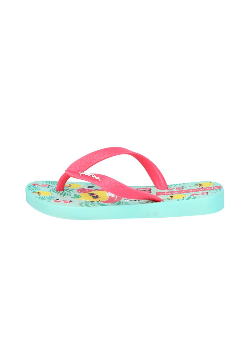 Chanclas de goma rosa con una correa texturizada, que presentan una suela estampada en aqua con motivos tropicales. Plantilla contorneada y diseño plano.