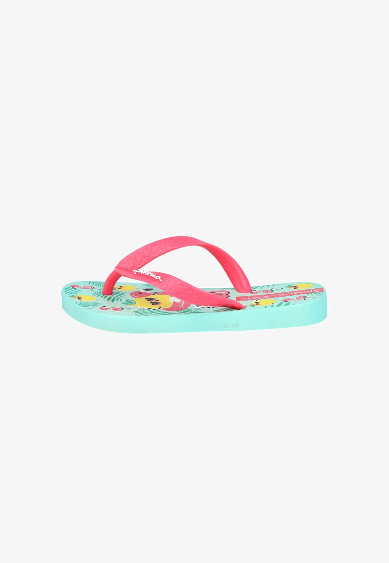 Chanclas de goma rosa con una correa texturizada, que presentan una suela estampada en aqua con motivos tropicales. Plantilla contorneada y diseño plano.