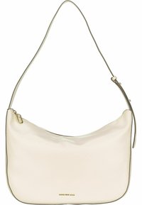 Borsa a spalla color crema realizzata in materiale liscio, con una forma curvilinea, un design minimalista e una zip metallica con un accento dorato.