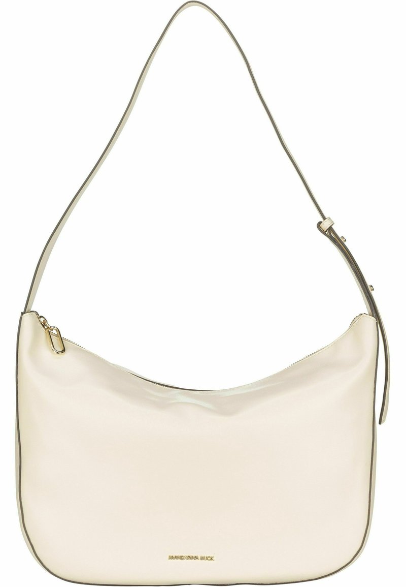 Vaalea olkalaukku, joka on valmistettu sileästä materiaalista, ja siinä on kaareva muoto, minimalistinen muotoilu sekä metallinen vetoketju kultaisilla yksityiskohdilla.