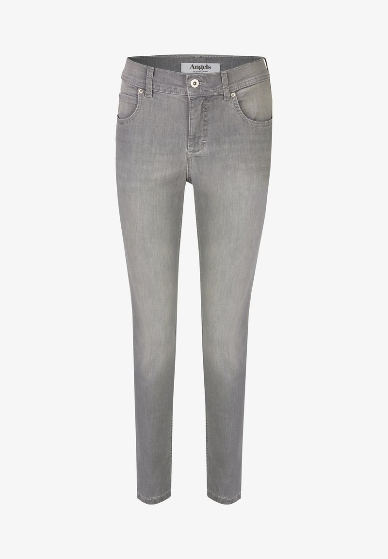 Jean en denim gris à coupe slim, doté de cinq poches, d'une braguette zippée et de coutures contrastantes. Le tissu présente un effet délavé.