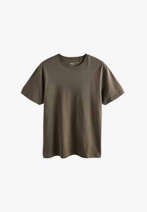 Maslinasto zeleni pamučni T-shirt s kratkim rukavima i okruglim izrezom. Ima ležeran kroj i glatku, meku teksturu. Oznaka branda vidljiva na vratu.
