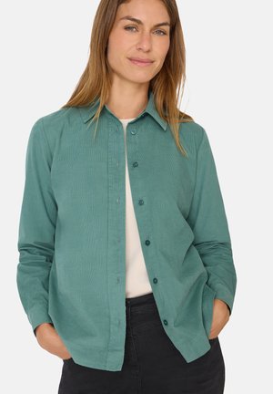 Chemise turquoise clair en tissu doux, avec un devant boutonné, un col et des manches longues. Design simple sans motifs ni accents.