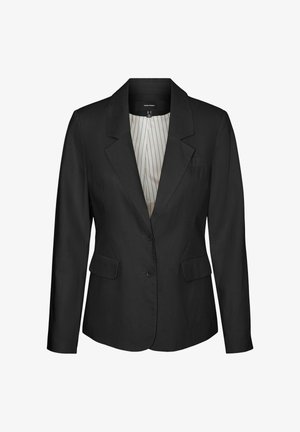 Črn blazer iz gladkega blaga, z ožjim ovratnikom, dvema sprednjima žepoma in zapenjanjem na gumbe. Notranjost podložena s črtastim vzorcem.