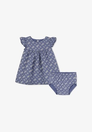 Robe bleue avec motif géométrique gris, manches volantées et taille élastique, accompagnée de bloomer assortis.