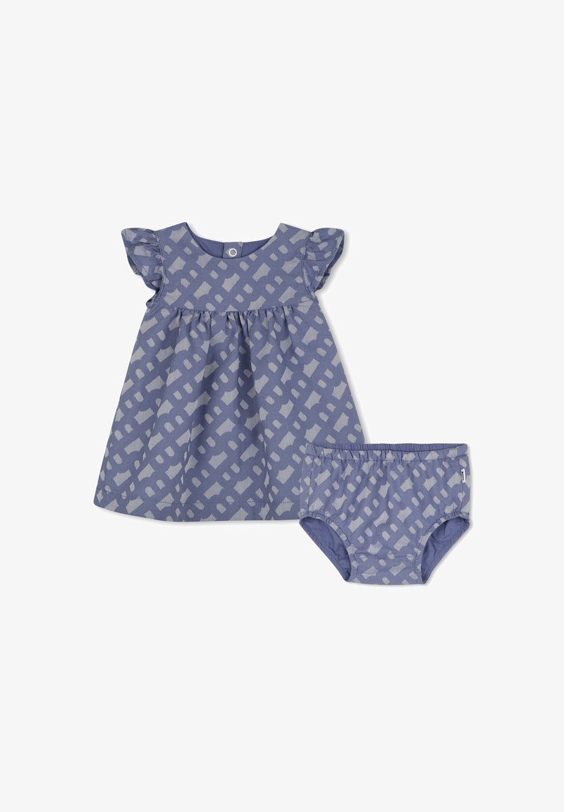 Blauwe jurk met grijs geometrisch patroon, gerimpelde mouwen en een elastische tailleband, gecombineerd met bijpassende rompertjes.