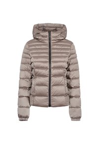 Lichtgewicht, gewatteerde jas in taupe met een ritssluiting aan de voorkant, capuchon en elastische manchetten. Kenmerkt zich door horizontale stiksels en een gladde, glanzende textuur.