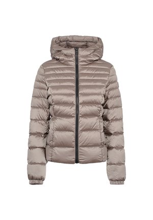 Giacca leggera e imbottita in taupe con zip frontale, cappuccio e polsini elasticizzati. Presenta una trapuntatura orizzontale e una texture liscia e lucida.