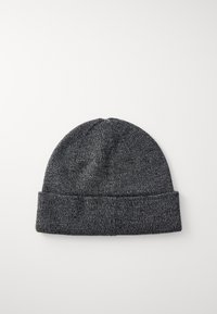 Czarny szary dzianinowy beanie z fakturowaną powierzchnią, delikatnie zwiniętym mankietem i dopasowanym krojem. Gładkie wykończenie bez widocznych wzorów ani akcentów.