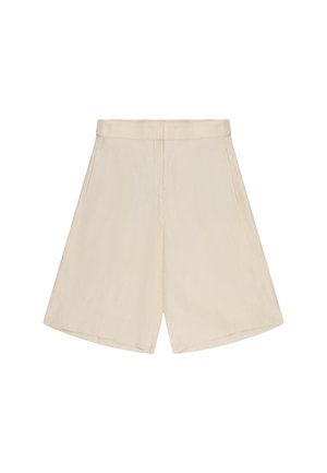 Beige Shorts mit hoher Taille, weitem Bein, Seitentaschen und verdecktem Verschluss vorne, auf weißem Hintergrund dargestellt.