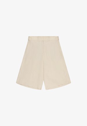 Pantaloncini beige a vita alta con gambe larghe, tasche laterali e chiusura frontale nascosta, mostrati su uno sfondo bianco.
