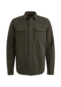 Camisa de manga larga verde oscuro hecha de tela texturada. Presenta dos bolsillos en el pecho, cierre de botones y un cuello puntiagudo.