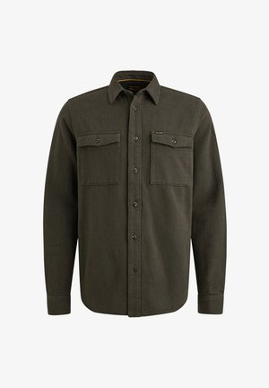 Mørkegrøn skjorte med lange ærmer lavet af tekstureret stof. Har to brystlommer, knaplukning og spidse krave.