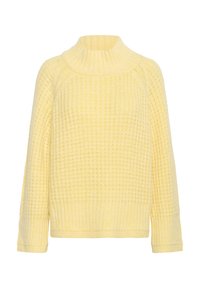Pull en maille jaune doux avec col roulé côtelé haut, manches longues et motif gaufré texturé sur le devant et les manches.