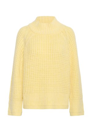 Pull en maille jaune doux avec col roulé côtelé haut, manches longues et motif gaufré texturé sur le devant et les manches.
