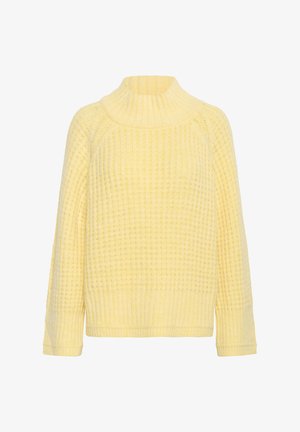 Pull en maille jaune doux avec col roulé côtelé haut, manches longues et motif gaufré texturé sur le devant et les manches.