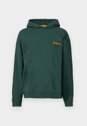 Tmavozelená mikina s kapucňou z bavlnenej zmesi sopredným vreckom. Na hrudi sa nachádza oranžové logo a manžety sú rebrované.