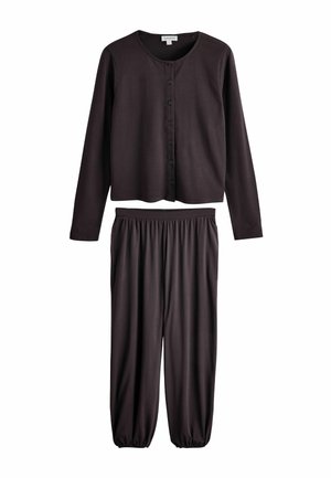 Long-sleeve black button-up top with round neckline and matching black elastic-cuffed pants made of soft fabric.