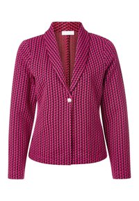 Roze en zwarte damesblazer met geometrisch patroon, lange mouwen, enkele witte knoopsluiting en reverskraag met inkeping.