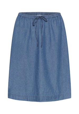 Jupe en denim avec une ceinture élastique et un cordon de serrage. Longueur au milieu des cuisses, couleur bleu uni et texture lisse avec un bord ourlé.