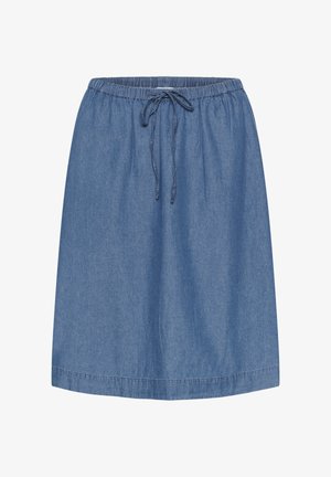 Denim skirt with an elastic waistband and drawstring. Mid-thigh length, solid blue color, and smooth texture with a hemmed edge.