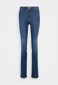 Blå denim flared jeans med høy midje, med slitte detaljer og stikninger, avsluttet med en klassisk fem-lomme design og knappelukking.