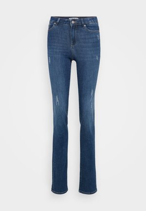 Blue denim flared jeans with a high waist, featuring distressed detailing and stitching, finished with a classic five-pocket design and button closure.