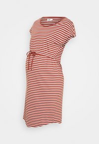 Schwangerenkleid in rot-weißen Horizontalstreifen, kurze Ärmel, Taillierung mit Kordelzug, weicher Stoff, knielanger Schnitt.