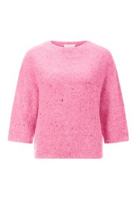 Maglione rosa lavorato a maglia con maniche corte, scollo rotondo e una finitura morbida e testurizzata con piccole macchie sottili su tutto il tessuto.