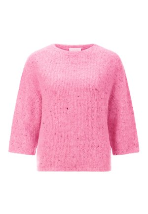Roze gebreide trui met korte mouwen, ronde halslijn en een zachte, gestructureerde afwerking met subtiele spikkels door de stof.