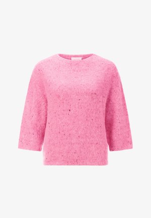 Pink knitted sweater with short sleeves, round neckline, and a soft, textured finish featuring subtle speckles throughout the fabric.