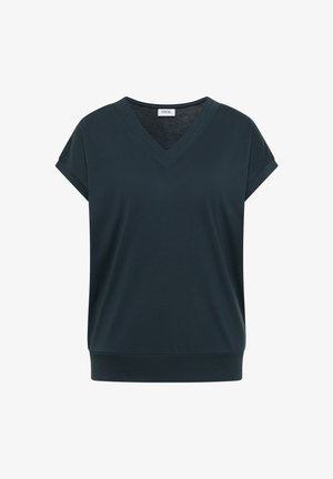 Ciemnozielona bluzka z krótkim rękawem, dekoltem w kształcie litery V, obszytymi mankietami na końcach rękawów i szeroką taśmą u dołu, z metką "Cecil" wewnątrz kołnierza.