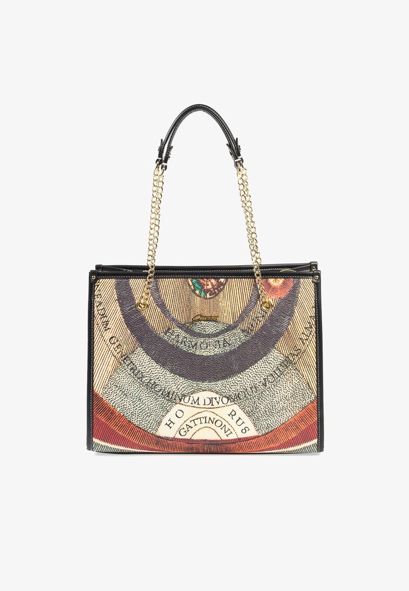 Tote bag met een kleurrijk patroon met cirkelvormige ontwerpen en tekst. Zwarte leren accenten, dubbele handgrepen met kettingdetails en een gestructureerde vorm.