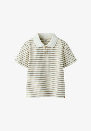 Polo beige à manches courtes avec des rayures horizontales et verticales marron et deux boutons sur la patte de boutonnage.
