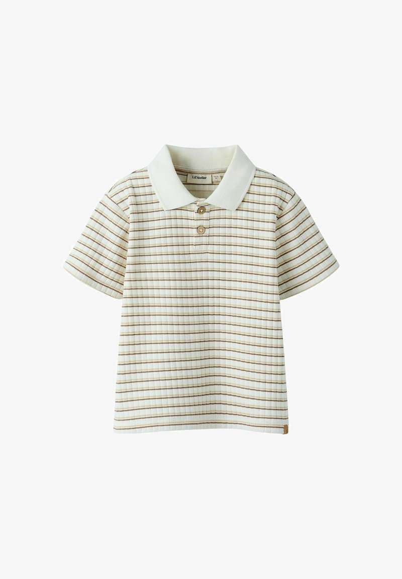 Polo beige à manches courtes avec des rayures horizontales et verticales marron et deux boutons sur la patte de boutonnage.